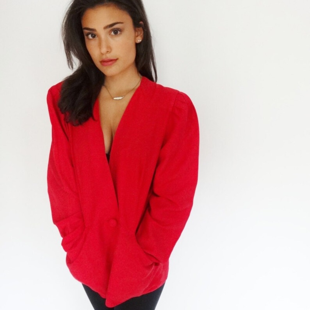 Bright Red Vintage Buttoned 80s Style Chic Blazer (Medium/Large)